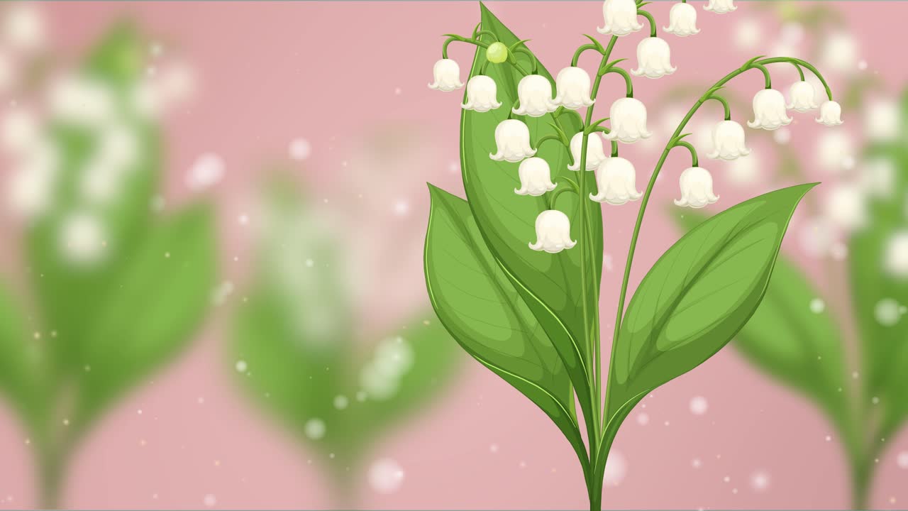 Lily of the valley flowers gently sway against a pastel pink background, creating a serene and calming animation