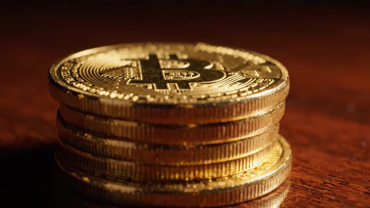 Uma Vista de Perto de Moedas Bitcoin Empilhadas Cintilando sob Luz Suave, Destacando Seus Detalhes Intrincados e Simbolismo no Mundo do Investimento em Criptomoedas