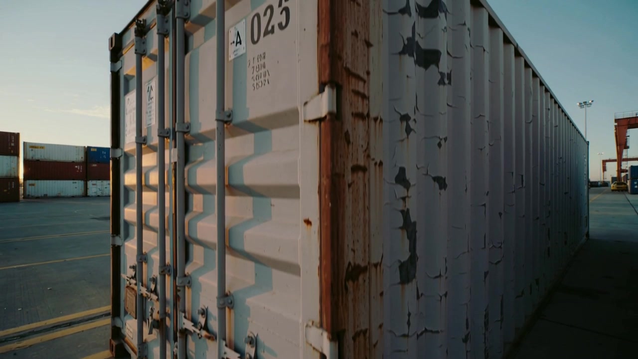 La telecamera si sposta rivelando un container d'acciaio usurato al porto, esponendo il chiavistello, la ruggine e mostrando l'adesivo -A023.