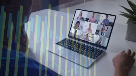 bar chart animation over people having video conference on laptop