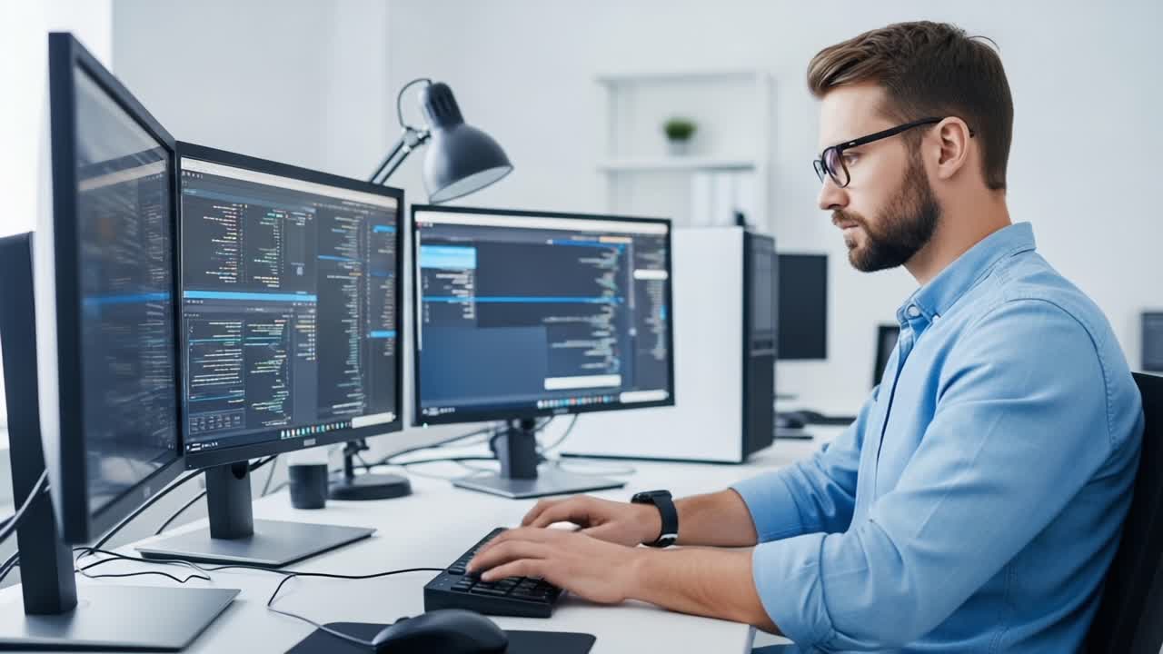 Focused Software Developer Working Intently at Dual Monitors, Analyzing Code and Debugging Applications in a Modern Office Environment