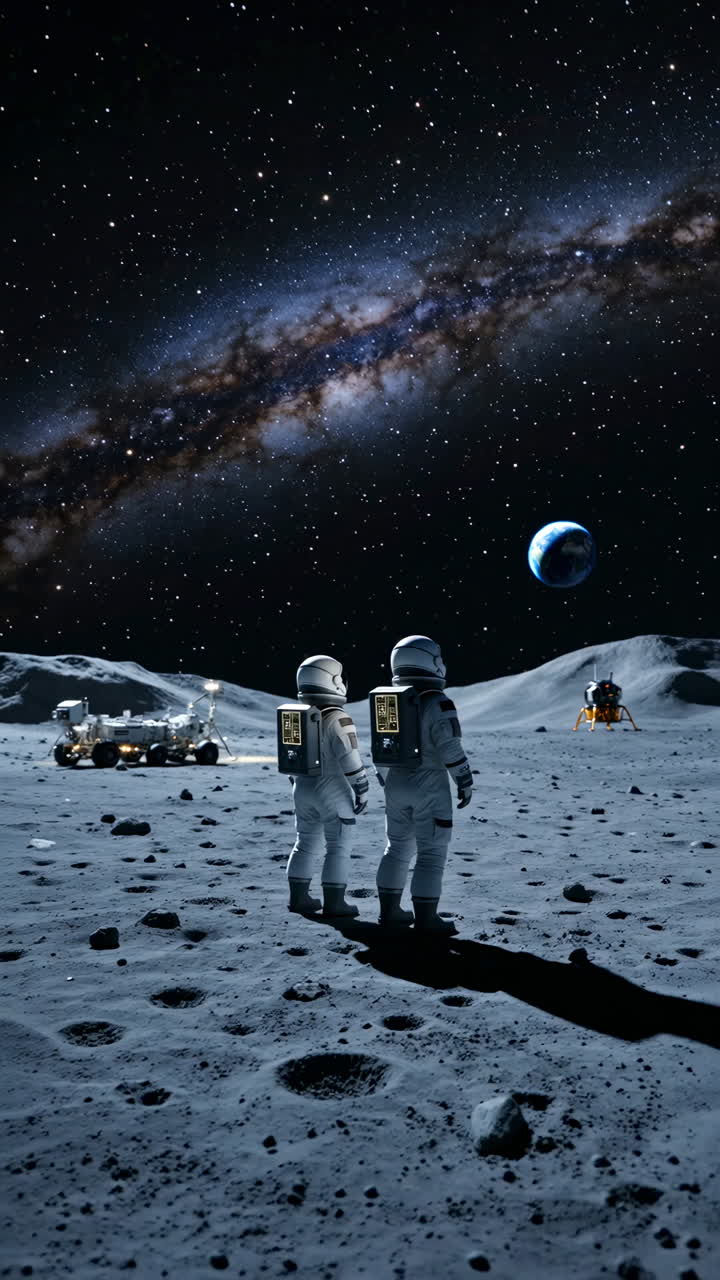 Astronauts on the Moon Looking at Earth and the Milky Way