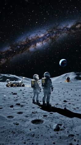 astronauts on the moon looking at earth and the milky way