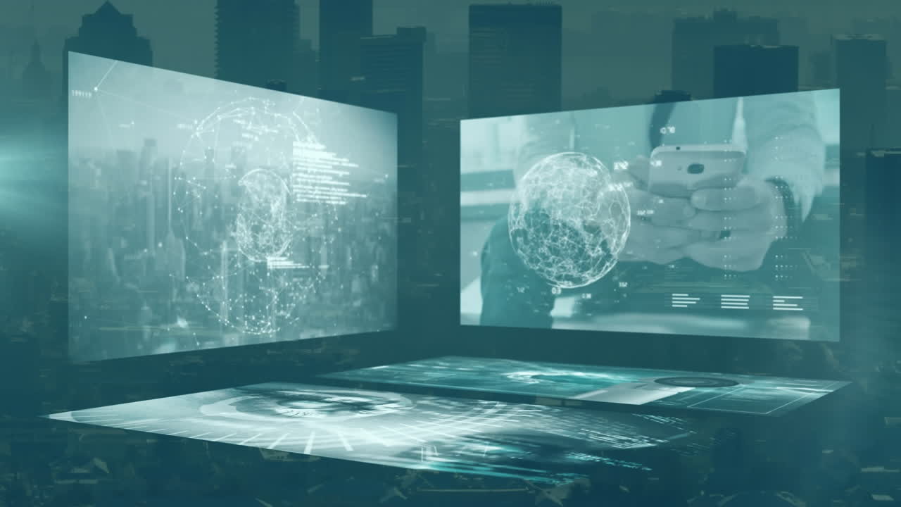 도시 풍경 위의 데이터 처리 애니메이션