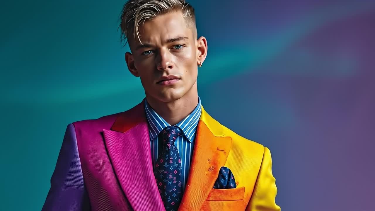 A man in a colorful suit with a colorful tie