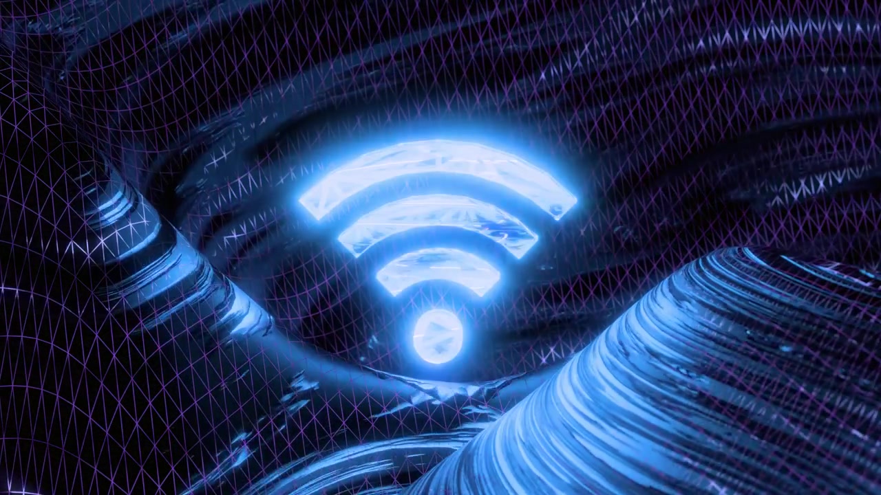 Glødende Wi-Fi-symbol i abstrakt digitalt cyberspace