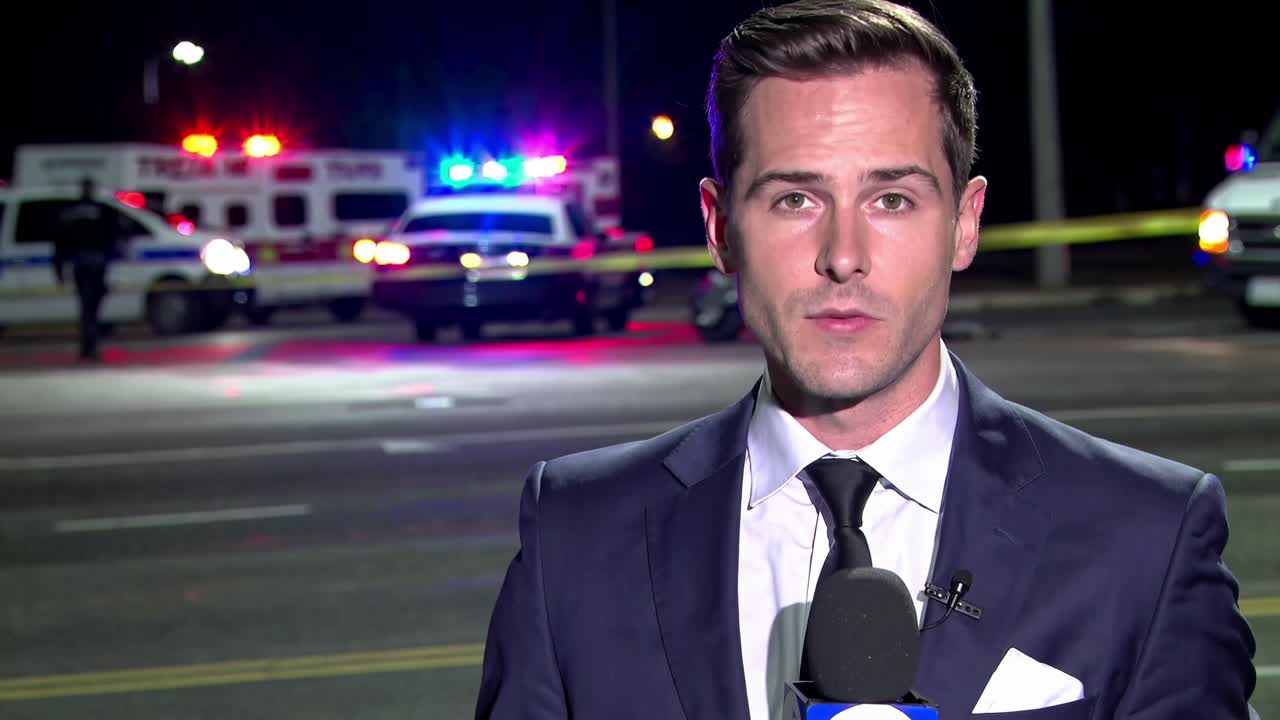 A news reporter in a suit speaks into a microphone at night, with emergency vehicles