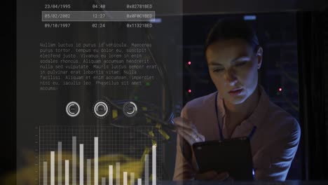 animación de gráficos y datos sobre mujer caucásica trabajando en la sala de servidores