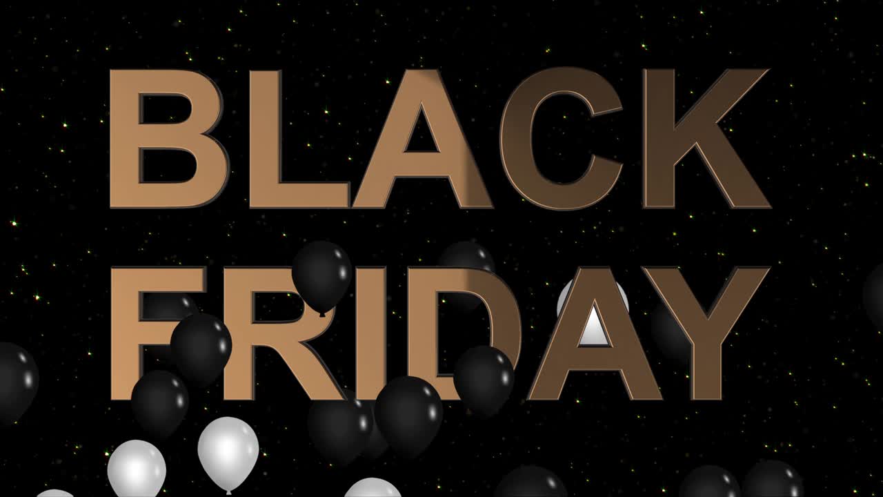 реклама черной пятницы с золотым знаком и черными воздушными шарами, фон 4k анимация беспрепятственный цикл