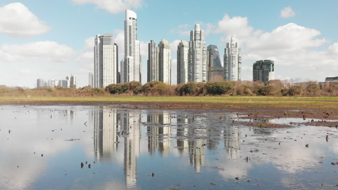 Reflexos do horizonte da cidade durante a vista diurna das zonas úmidas da reserva ecológica da Cidade de Buenos Aires.