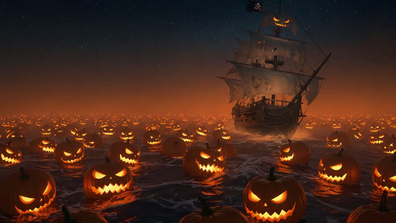 A Haunted Pirate Ship Sailing Through a Sea of Glowing Jack-o'-Lanterns Against a Twilight Sky, Creating a Spooky Halloween Atmosphere with Frightening Expressions