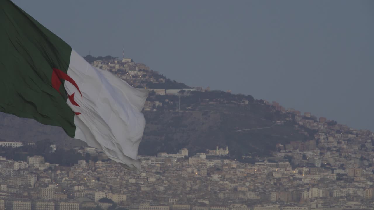 Algeria flag on flagpole fluttering in the wind at dawn of the day