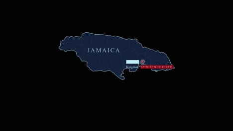 Blue-stylized-Jamaica-map-with-Kingston-capital-city-and-geographic-coordinates-on-black-background