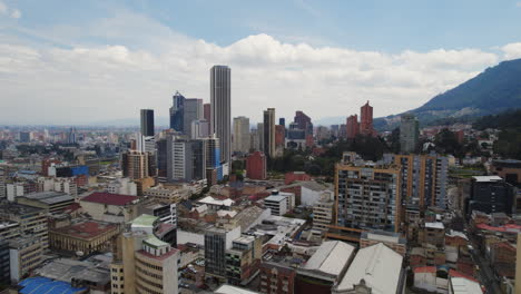 aerial drone establishing shot of urban downtown metropolis area with high rise building skyscrapers during sunny daytime