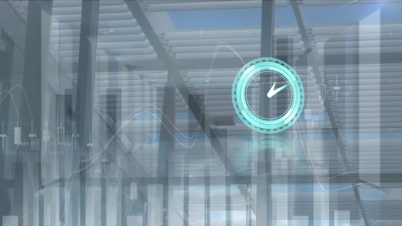 Animation of clock moving fast and financial data processing