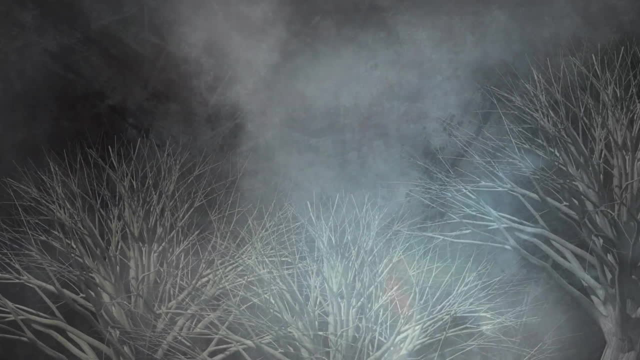 Animation of gray trees over storm clouds on black background