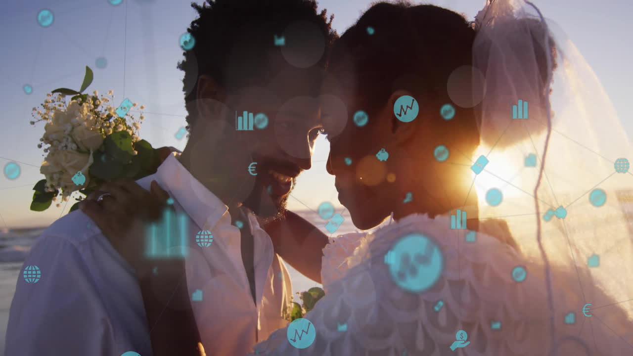 abrazo, pareja de bodas con animación de procesamiento de datos financieros en el fondo