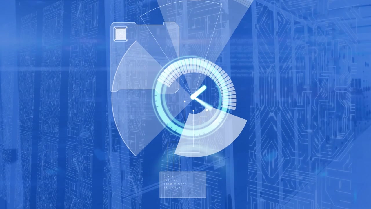Animation of round scanner and ticking clock over microprocessor connections against server room