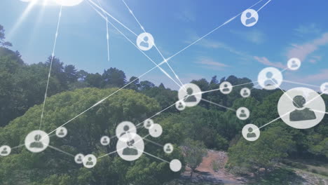 animation of profile icons connected with lines over aerial view of park against cloudy sky