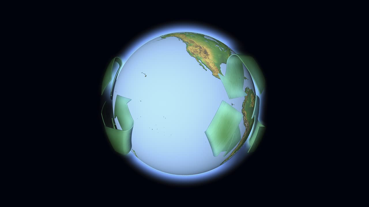 globo y señal de reciclaje. tecnología que limpia el planeta tierra de escombros y desechos. renderización de animación sin fisuras.