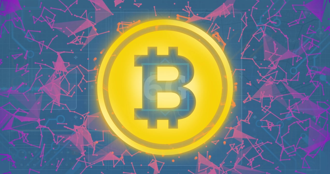 Animation of bitcoin symbol, plexus networks and interface with data processing on blue background