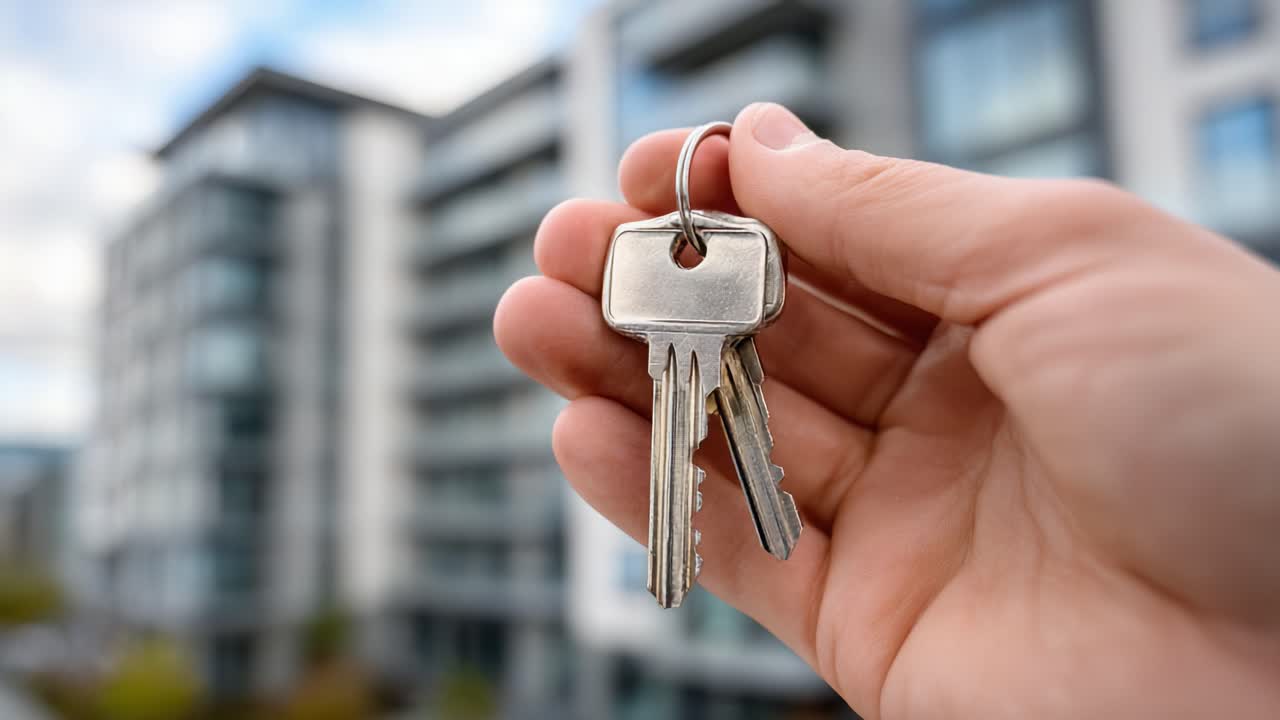 Modern Bir Apartman Kompleksine Karşı Anahtar Seti Tutan Bir El: Yeni Başlangıçları, Sahipliği ve Ev Sahibi Olma Yolculuğunu Simgeliyor