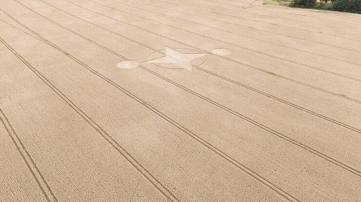 Aerial approach and tilt-down over curious crop circle in brown farmland