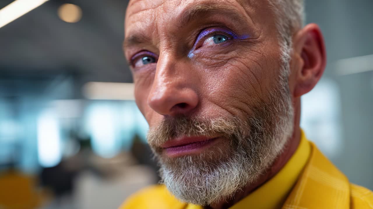A Distinguished Man with Striking Makeup in a Modern Office Setting, Capturing Style and Elegance Through Intense Expressions and Bold Color Choices
