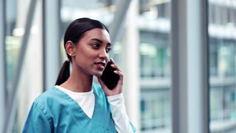 phone call, nurse and indian woman in hospital