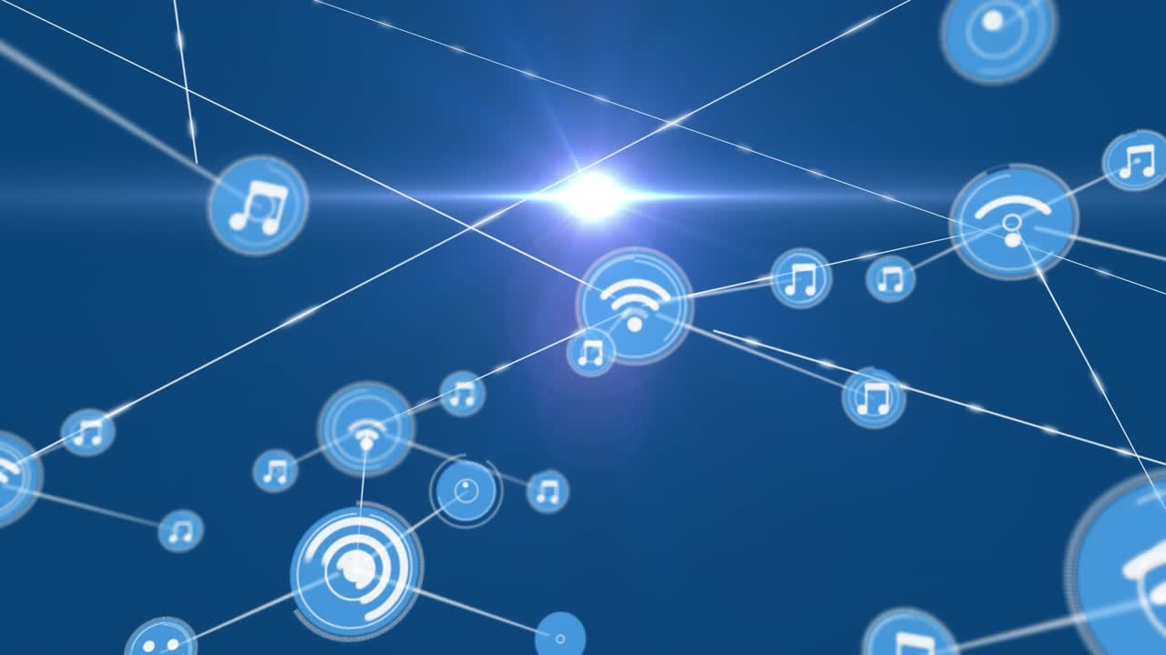 Animation of network of digital icons and light spot against blue background
