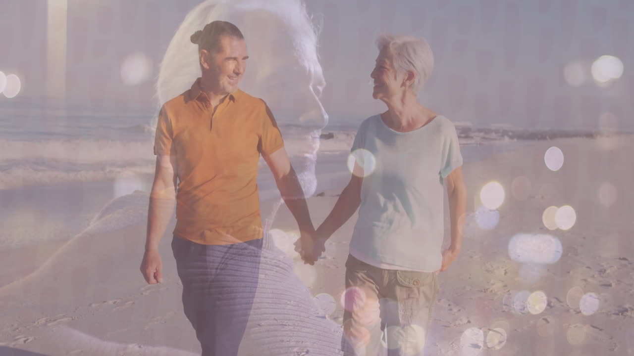 Walking on beach, couple holding hands with animation of joyful memories