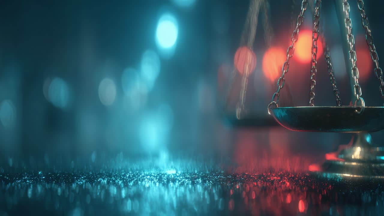 A Close-Up on Judicial Scales Illuminated by a Play of Light, Symbolizing Balance and Justice Against a Rainy Background of Vibrant Colors