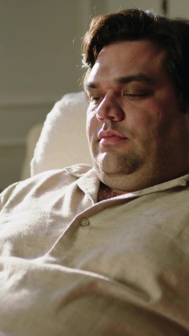 Vertical video: Blinking man shifting left, sinking in armchair as frames pass, drowsy in shirt