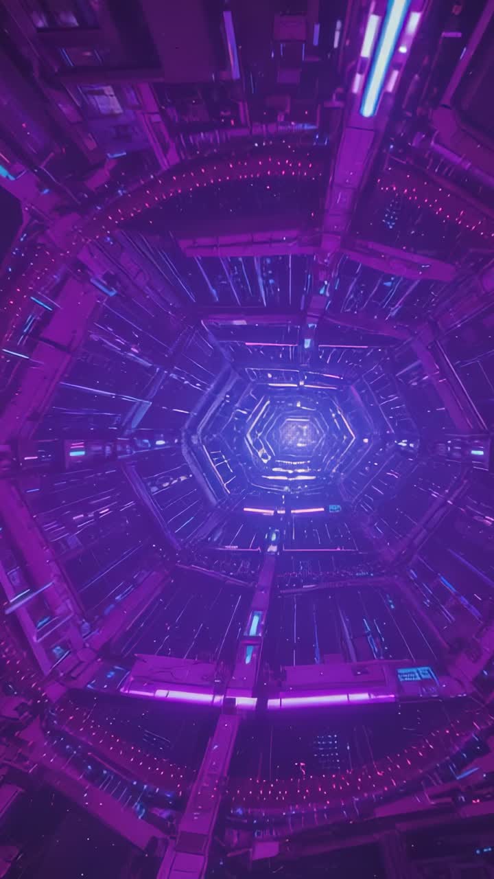Vertical video: Camera pushing forward inside neon-lit hexagonal tunnel, lights pulsing to magenta
