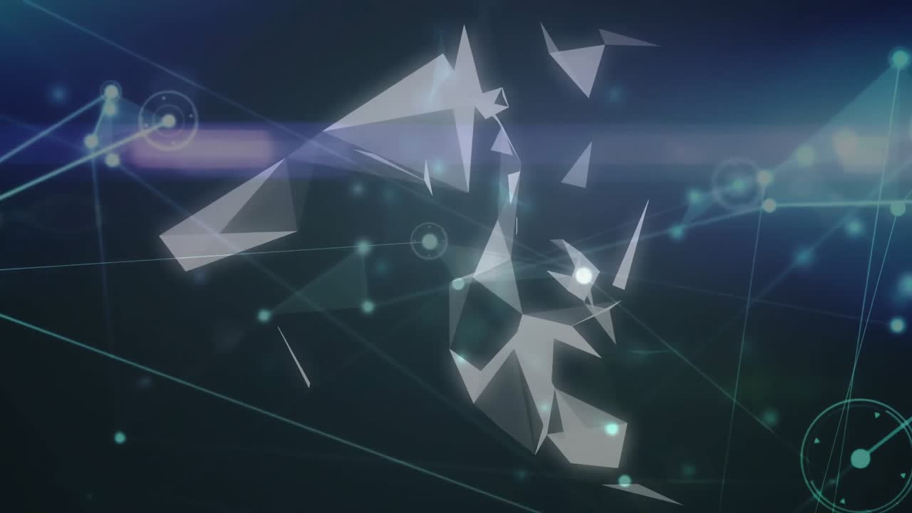Geometric polygons and glowing lines floating on dark field, illustrating circular network nodes