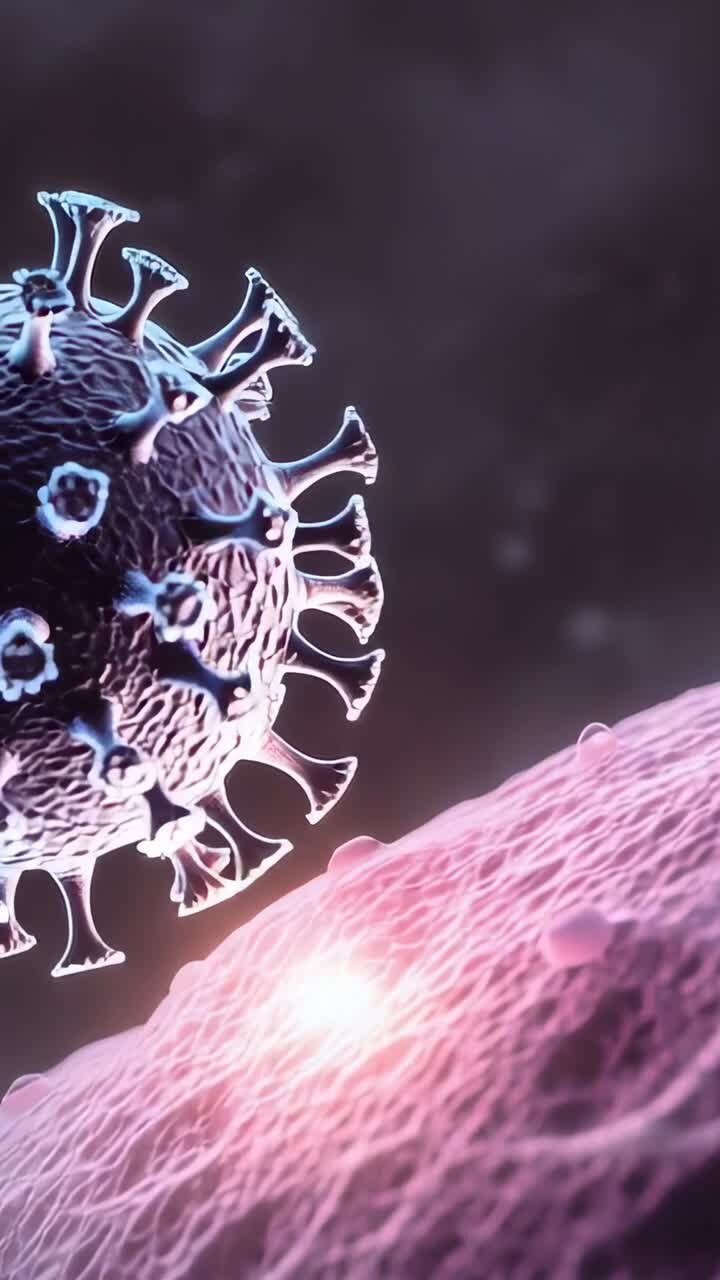 Vertikal video: Virus kommer ind fra venstre, roterer mod celle, binder sig til receptor for at inficere, med plads til tekst.
