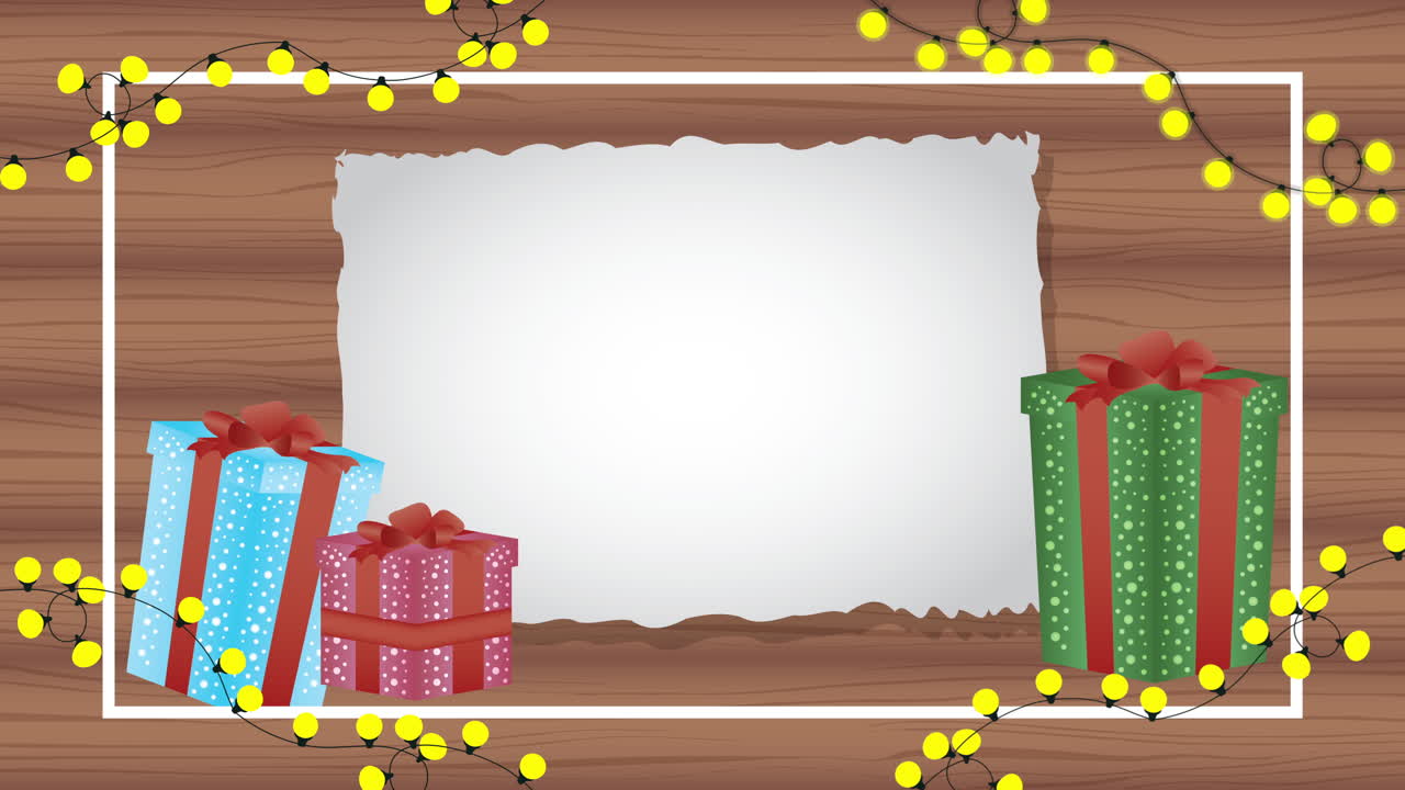 feliz animación de navidad con regalos en fondo de madera
