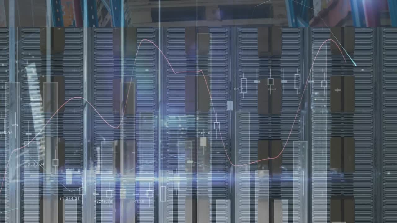 animación de estadísticas sobre cajas de cartón en cintas transportadoras en el fondo