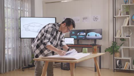 asian male organizing papers while working about car design sketch on table in the studio with tv and computers display 3d electric car model