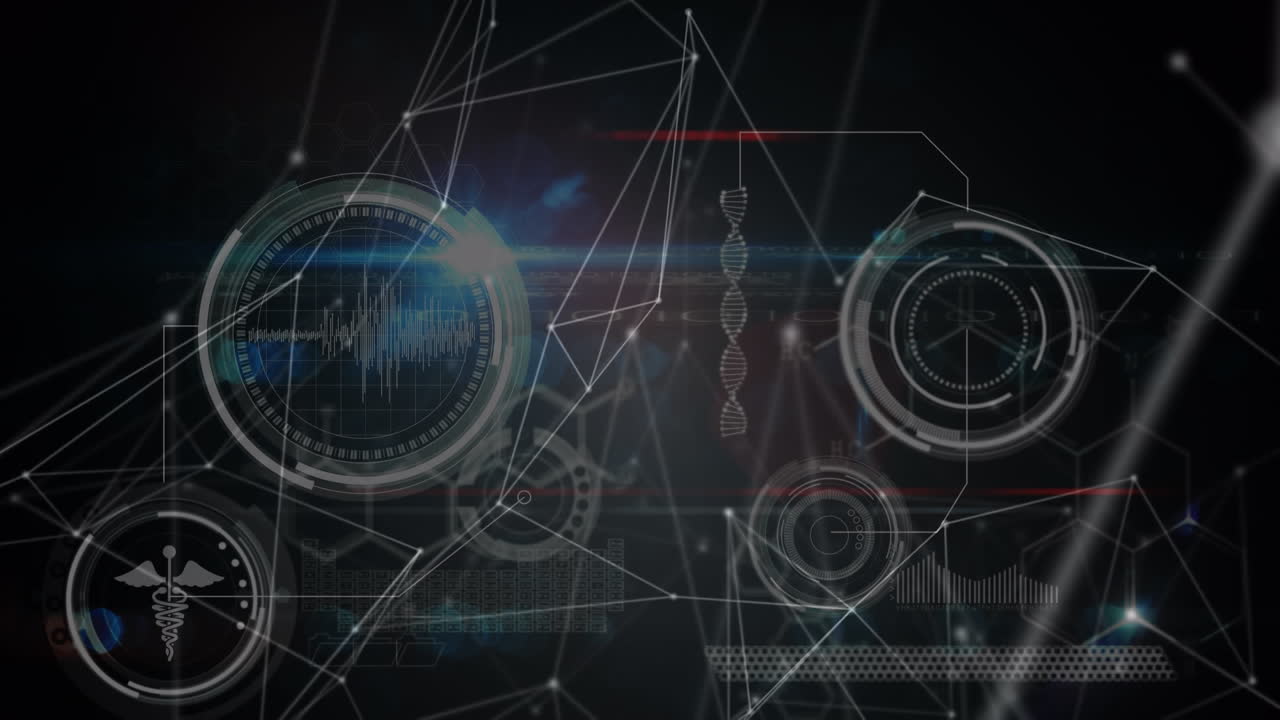 Animation of networks of connections and medical data processing over black background