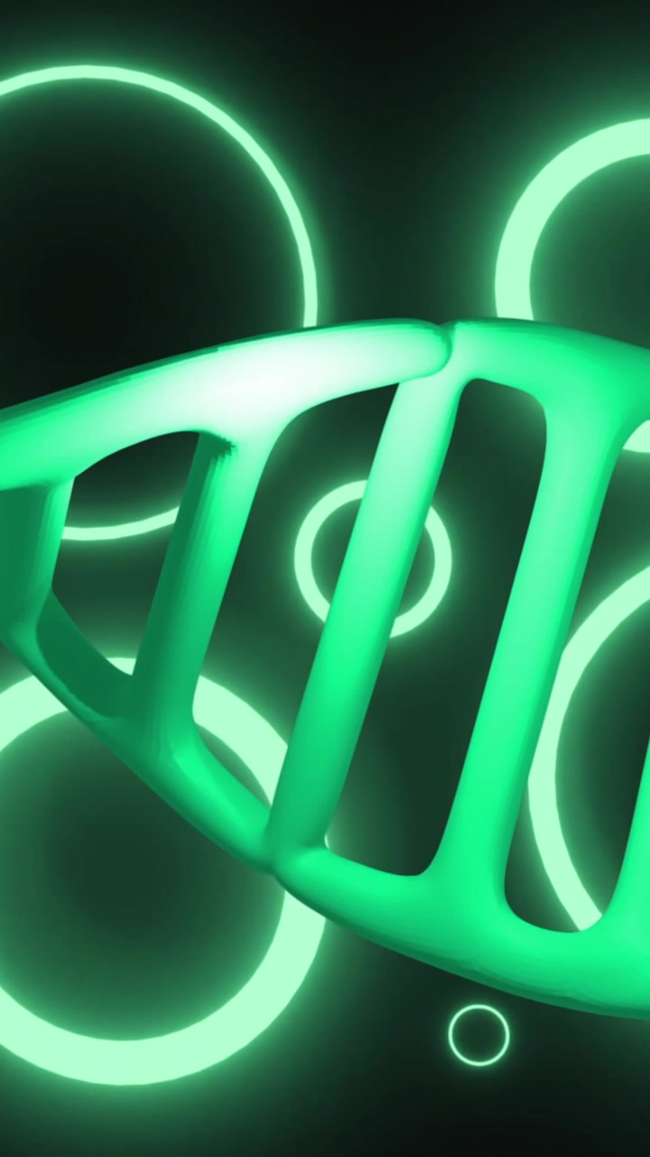 Animazione di macro di filamento di DNA che ruota su cerchi neon verdi sullo sfondo.