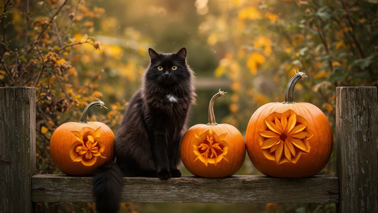A Mysterious Black Cat Sitting Gracefully on a Wooden Fence Surrounded ...