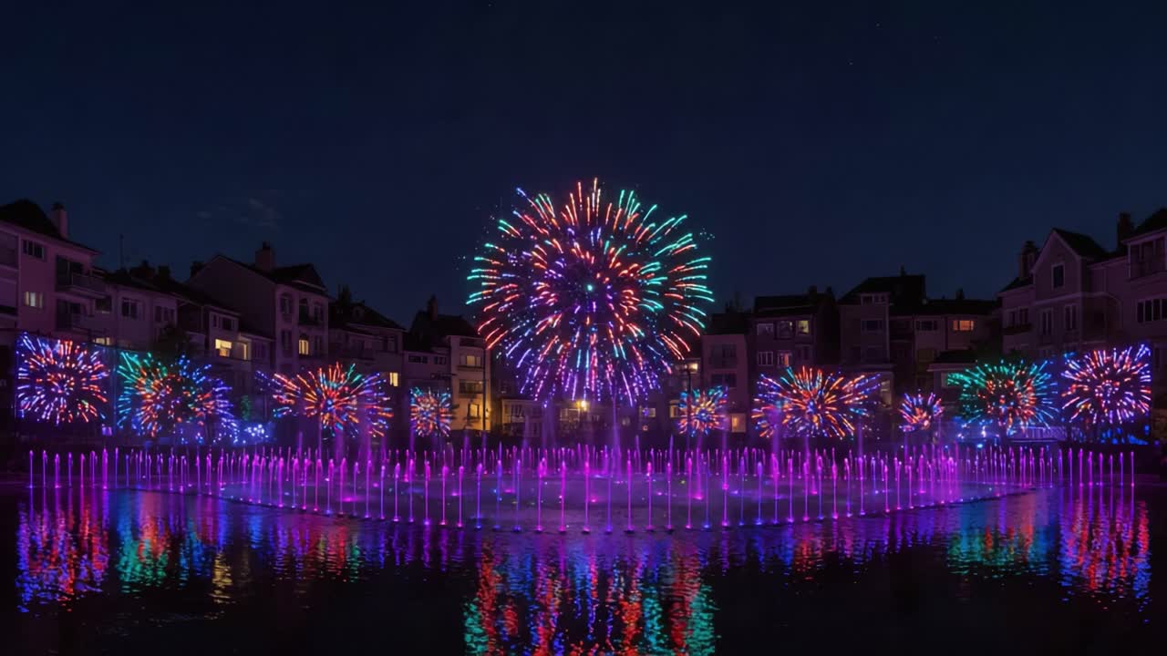 A Spectacular Nighttime Display of Colorful Fireworks and Illuminated Fountains Reflecting in a Serene Lake, Creating a Captivating Visual Experience