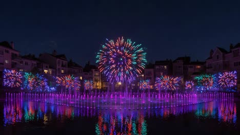 a spectacular nighttime display of colorful fireworks and illuminated fountains reflecting in a serene lake, creating a captivating visual experience