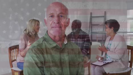 Animation-of-flag-of-usa-over-diverse-male-soldier-and-family-talking
