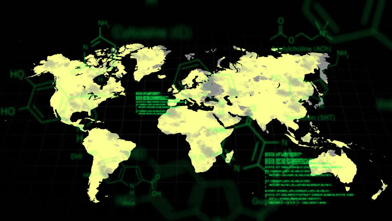 animación del procesamiento de datos sobre la fórmula química y el mapa del mundo