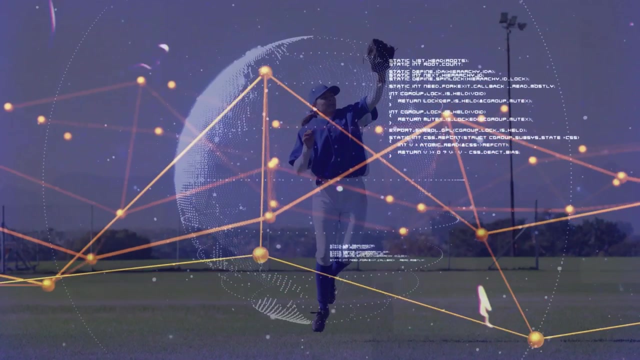 Baseball player tracking ball running leaping to catch while network overlay analyzing performance