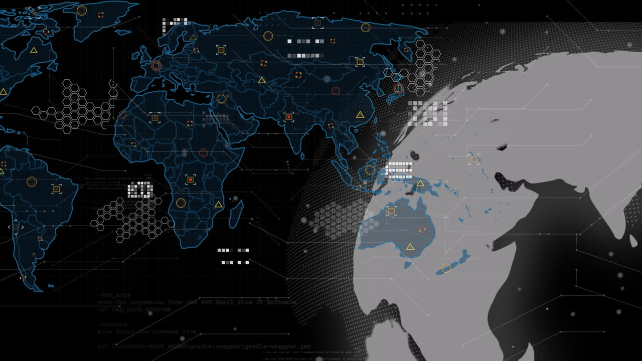 animación del procesamiento de datos sobre el globo y el mapa del mundo sobre fondo negro