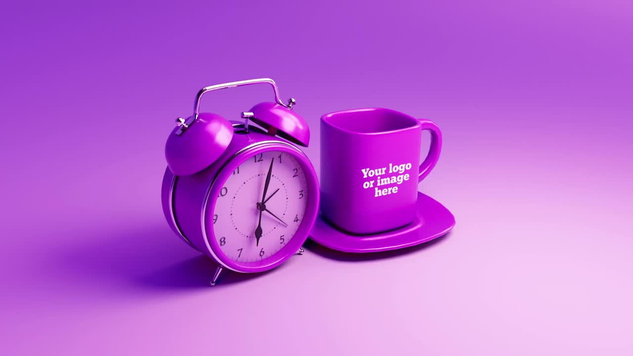 Purple Alarm Clock and Coffee Mug on Monochromatic Background