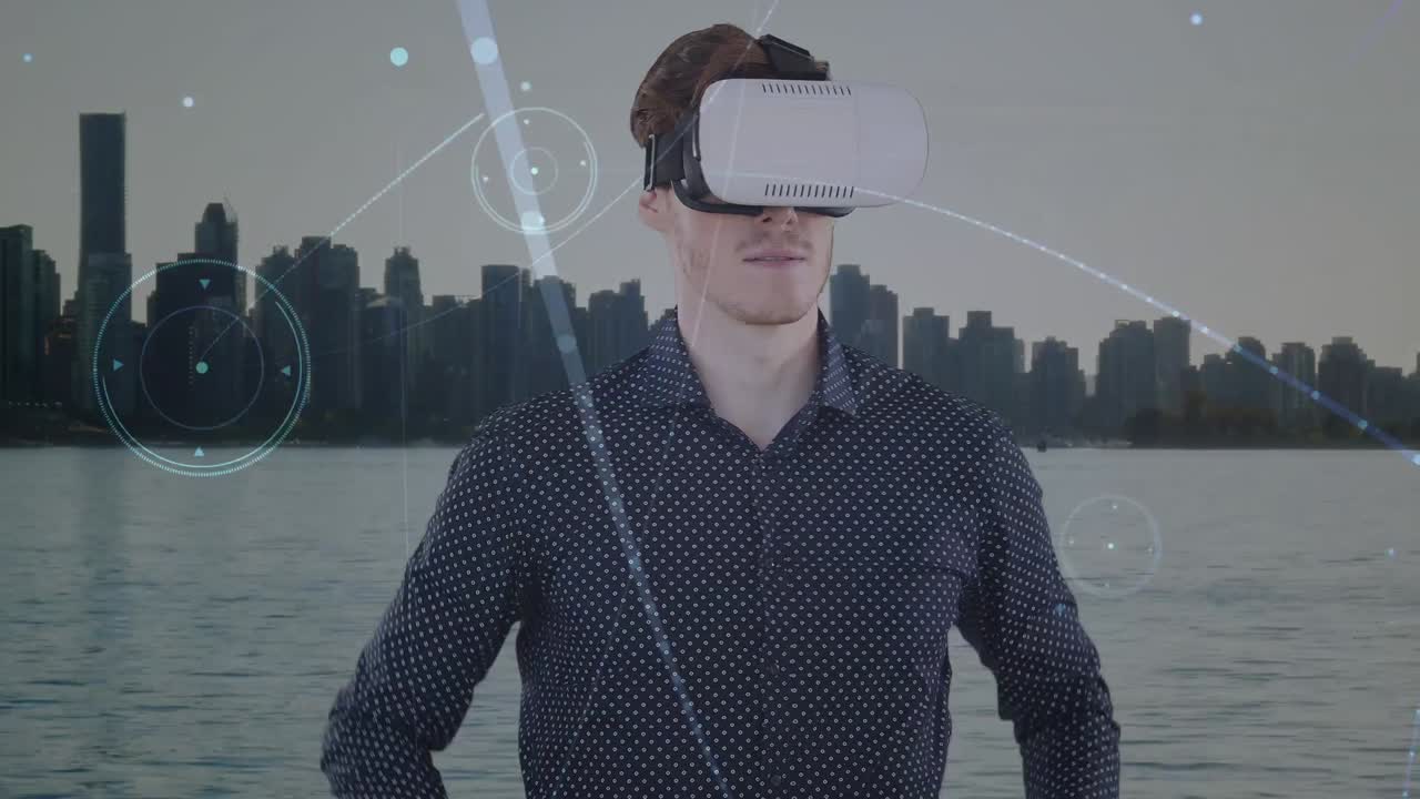 Animation of caucasian businessman using vr headset and network of connections over cityscape